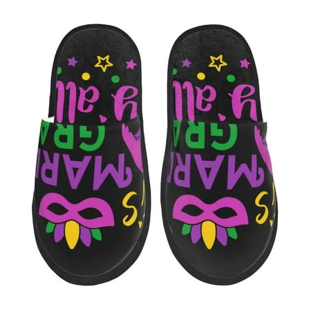 Balery Mardi Gras with Flamingo Slient Indoor Furry Fleece Comfort House Shoes Soft Non-Slip Home Shoes Cotton slippers House Slippers-- Large