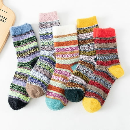 

Cotonie 5Pairs Women Warm Winter Socks Retro Print Thick Knit Cozy Socks