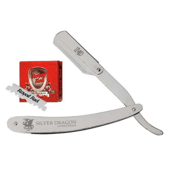 MD® Silver Dragon Professional Straight Edge Razor with 100 Single Edge Royal Red Blades
