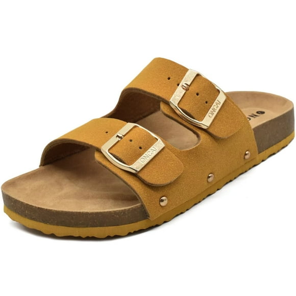 ONCAI Sandales Confortables pour Femmes Sabots à Enfiler Sandales Femmes Habillées Été Plates avec Soutien de la Voûte Plantaire Deux Brides à Enfiler à Boucle Réglable Sandales à Enfiler Chaussures pour Femmes Jaune Taille 9