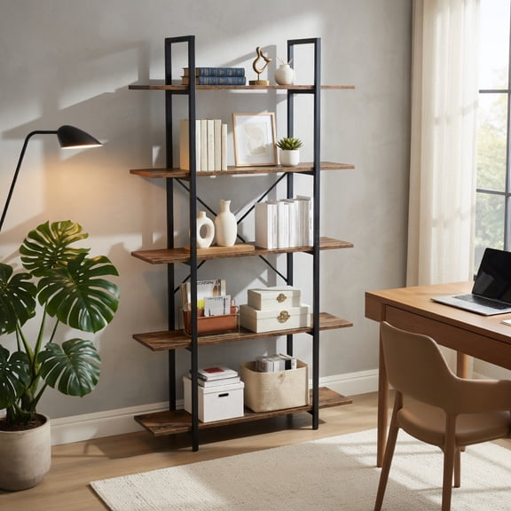 GVN 5-Tier 62Inch Vintage Industrial Bookcase Storage Shelves with Open Storage Shelves, Bookshelf Stand for Living Room, Bedroom, Office Room, Study Room, Rustic Brown