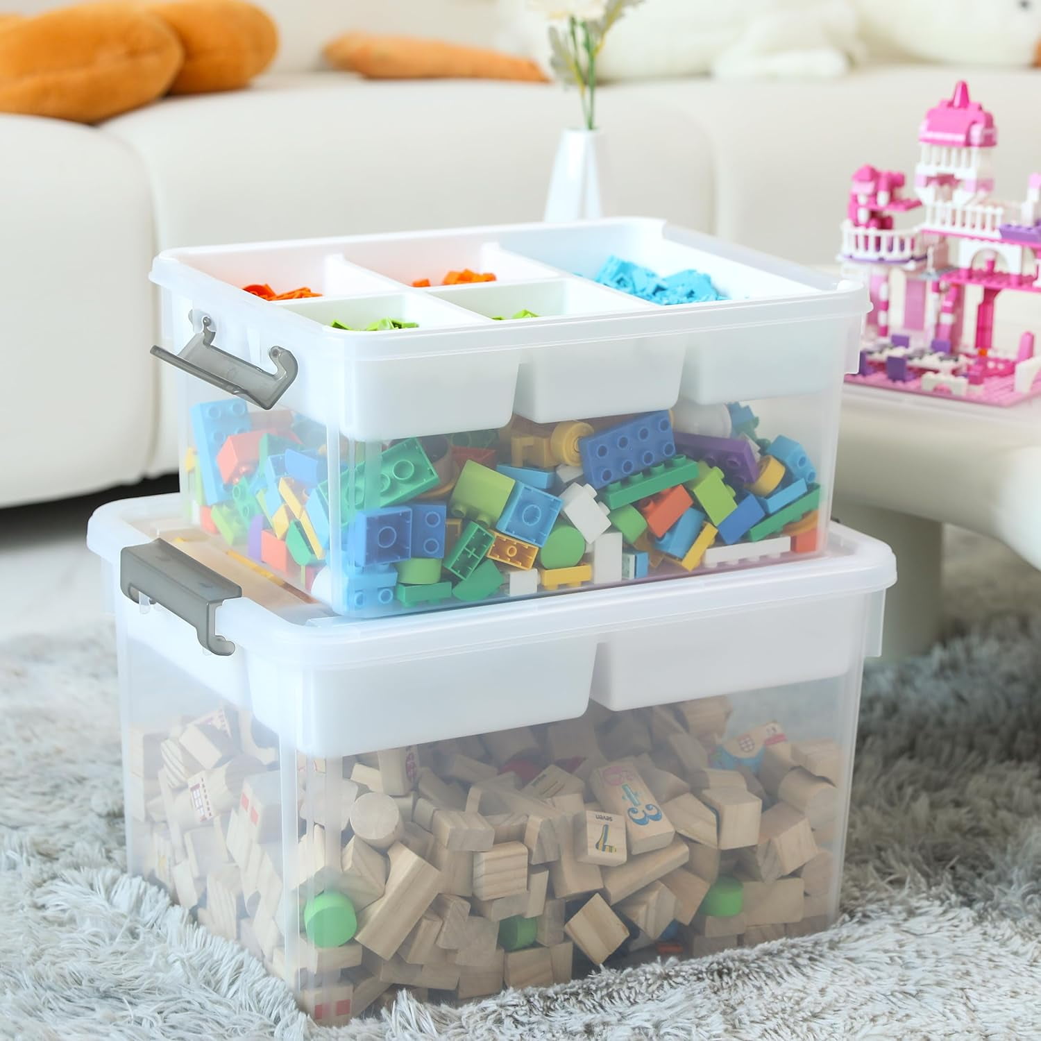 17 Qt Storage Bins with Lids & 5 Grid Removable Tray 4 Pack Craft Toy organizer and storage bins for Kids Office