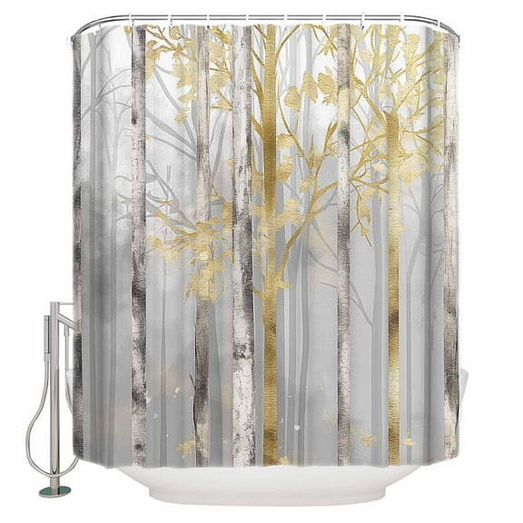 72x78 Inch Shower Curtain Golden Grey Tree Bathroom Decor Waterproof Fabric Bathtub Bath Curtains Decorative Oil Painting Forest Abstract Art Extra Long Shower Curtain Set with Hooks