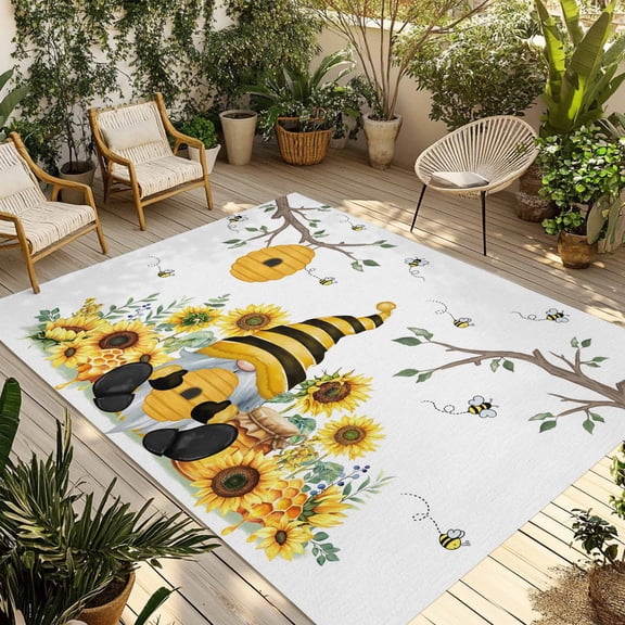 Gnomes Sunflower Outdoor Rug for Patio/Deck/Porch, Non-Slip Large Area Rug 6 x 9 Ft, Bees Branches Floral Farmhouse Indoor Outdoor Rugs Washable Area Rugs, Reversible Camping Rug Carpet Runner