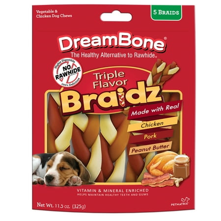 DreamBone Triple Flavor Rawhide-Free Dog Chews, Chicken, Pork & Peanut Butter Flavor,