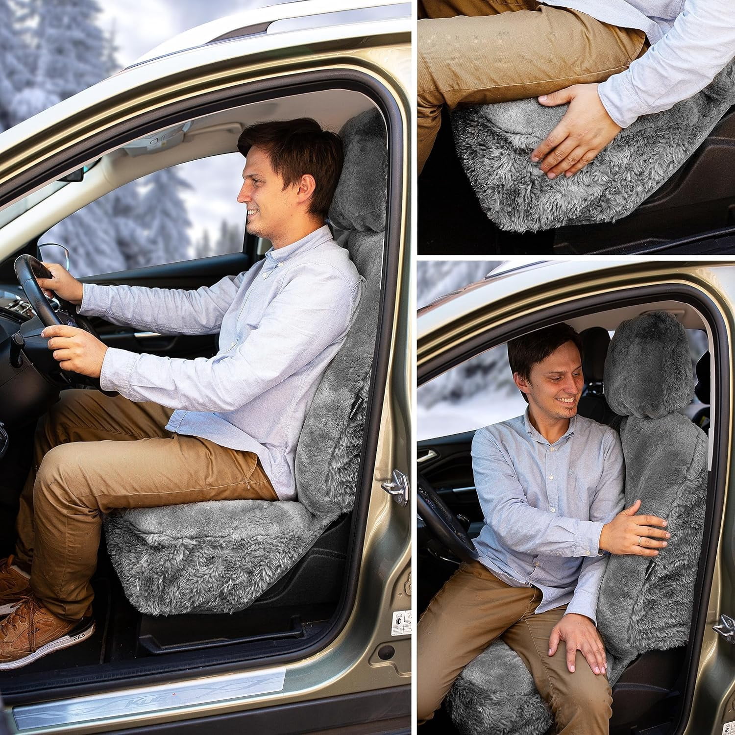 ZONETECH Car Seat Covers Full Set, 2- Pack Charcoal Grey Sheepskin Winter Wool Auto Accessories for All Season Protection of Your Seats,