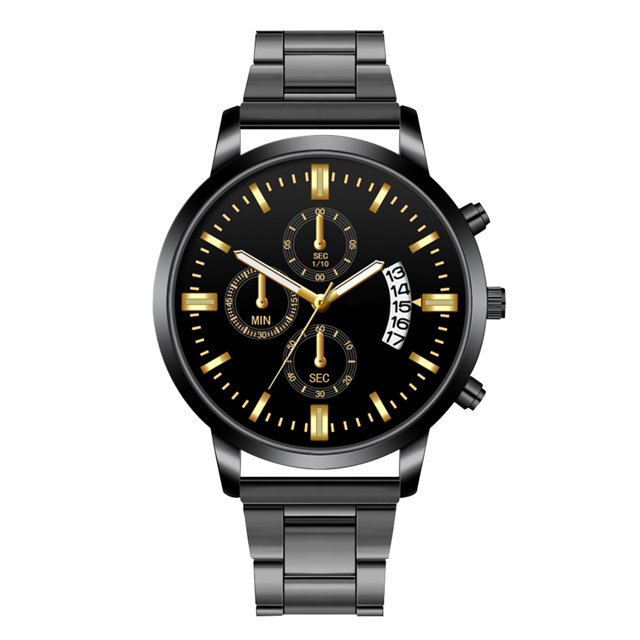 Reloj de cuarzo con calendario para hombre, esfera redonda, correa de acero, reloj de pulsera, oro negro
