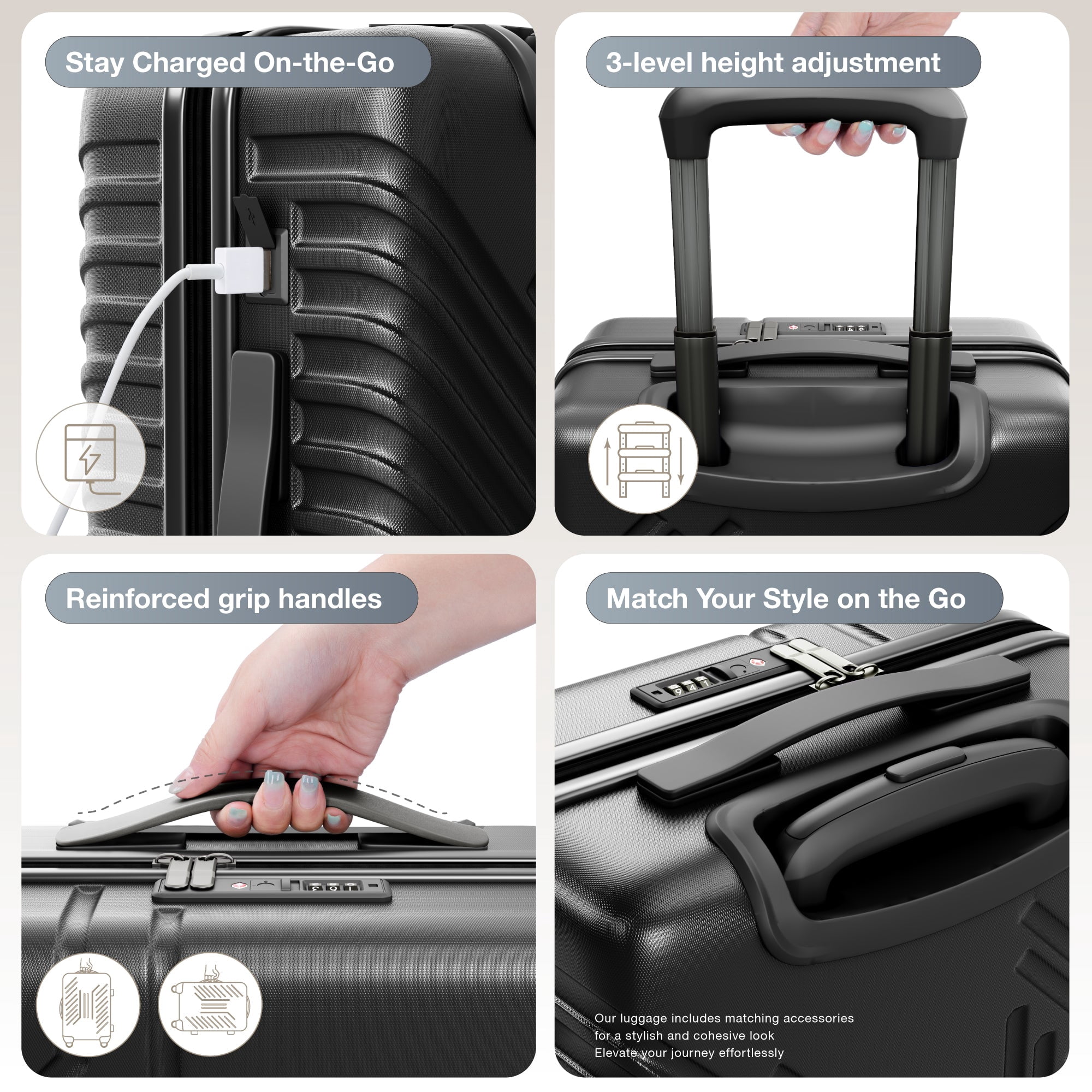 Alpha Joy Hard-shell ABS+PC Rolling Luggage 20" Carry-on Luggage with USB Port, Black