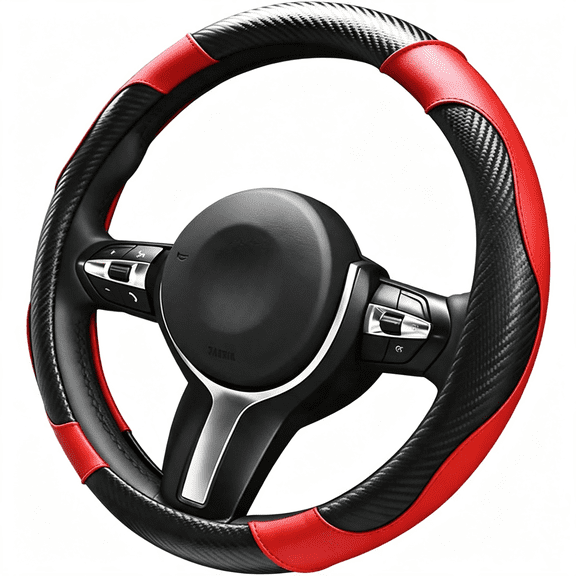 ZHZFKQ Car Steering Wheel Cover,15In Carbon Fiber Microfiber Leather Elastic Steering Wheel Protector,Breathable Anti-Slip Comfortable Steering Wheel Covers for Most Cars(Black&Red)