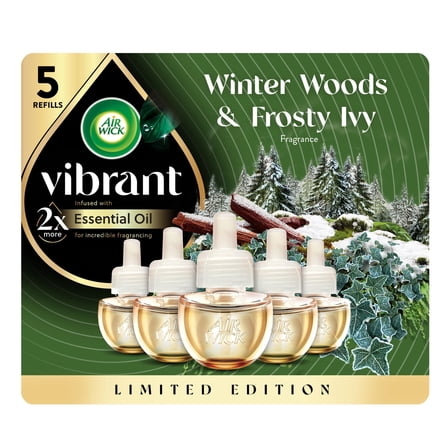 Air Wick Vibrant Plug In Scented Oil Refill, Infused with Essential Oils, Plug In Air Fresheners for Home, Winter Woods & Frosted Ivy, 5 ct