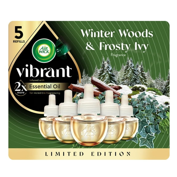Air Wick Vibrant Plug In Scented Oil Refill, Infused with Essential Oils, Plug In Air Fresheners for Home, Winter Woods & Frosted Ivy, 5 ct