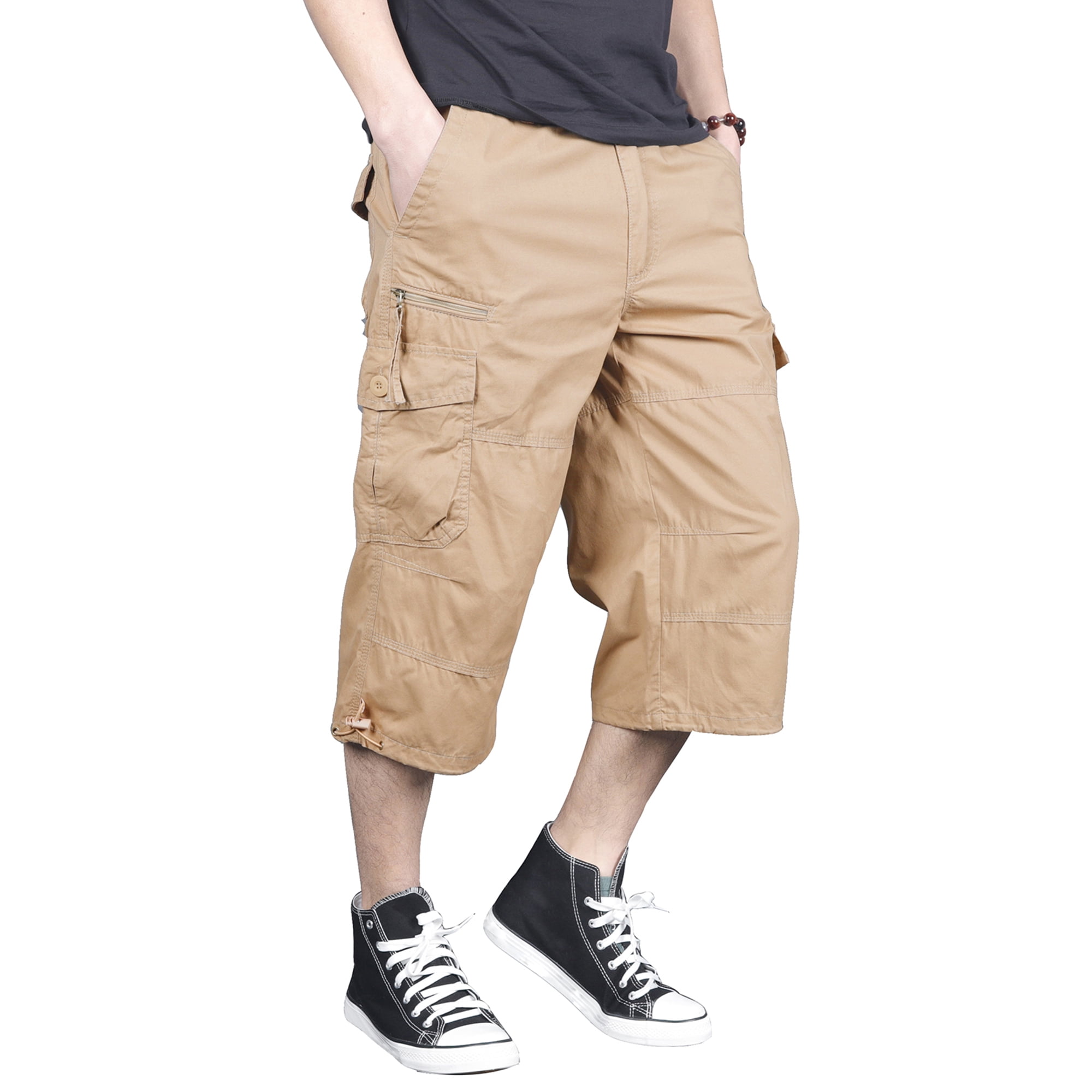 FEDTOSING Mens Casual Cargo Long Shorts Cotton Capri Pants Knee Length Shorts with Multi Pockets Elastic Waist 