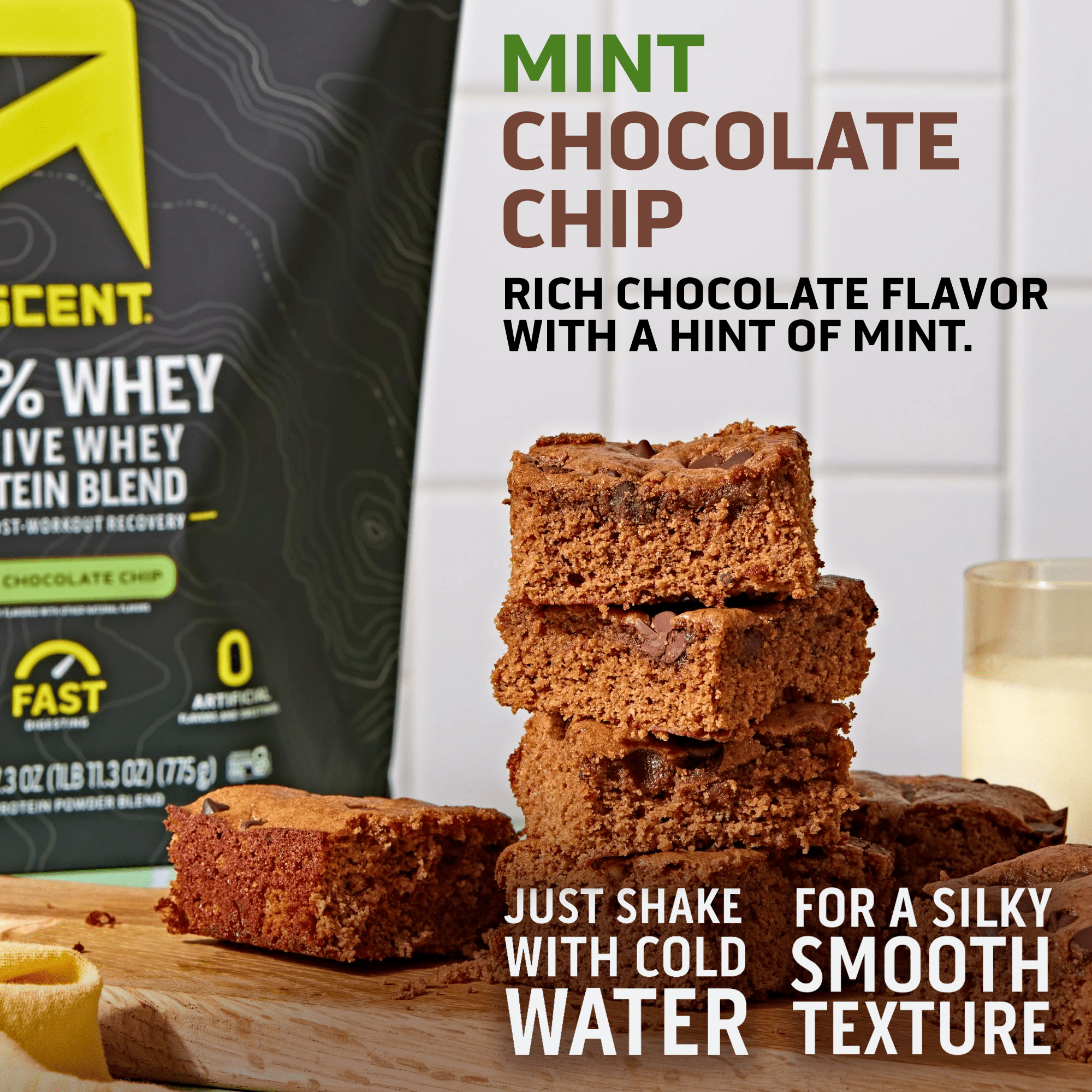 Ascent 100% Whey Protein Powder, Gluten Free, Mint Chocolate Chip, 25 Servings