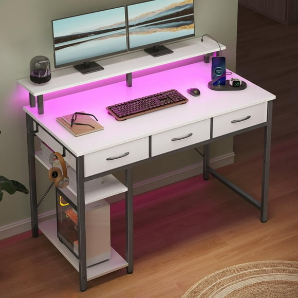 Greenstell 39" Computer Desk with Built-in Outlets & LED, 3-Drawer Office Desk with Monitor Stand, White