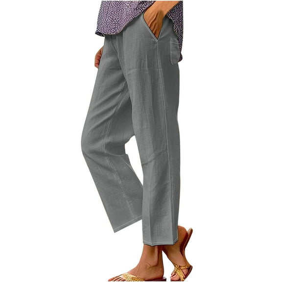 JWZUY Women's Petite Spring Casual Pants Summer Linen Capris Trendy Cropped Straight Leg Plus Size Trousers with Pockets Gray L