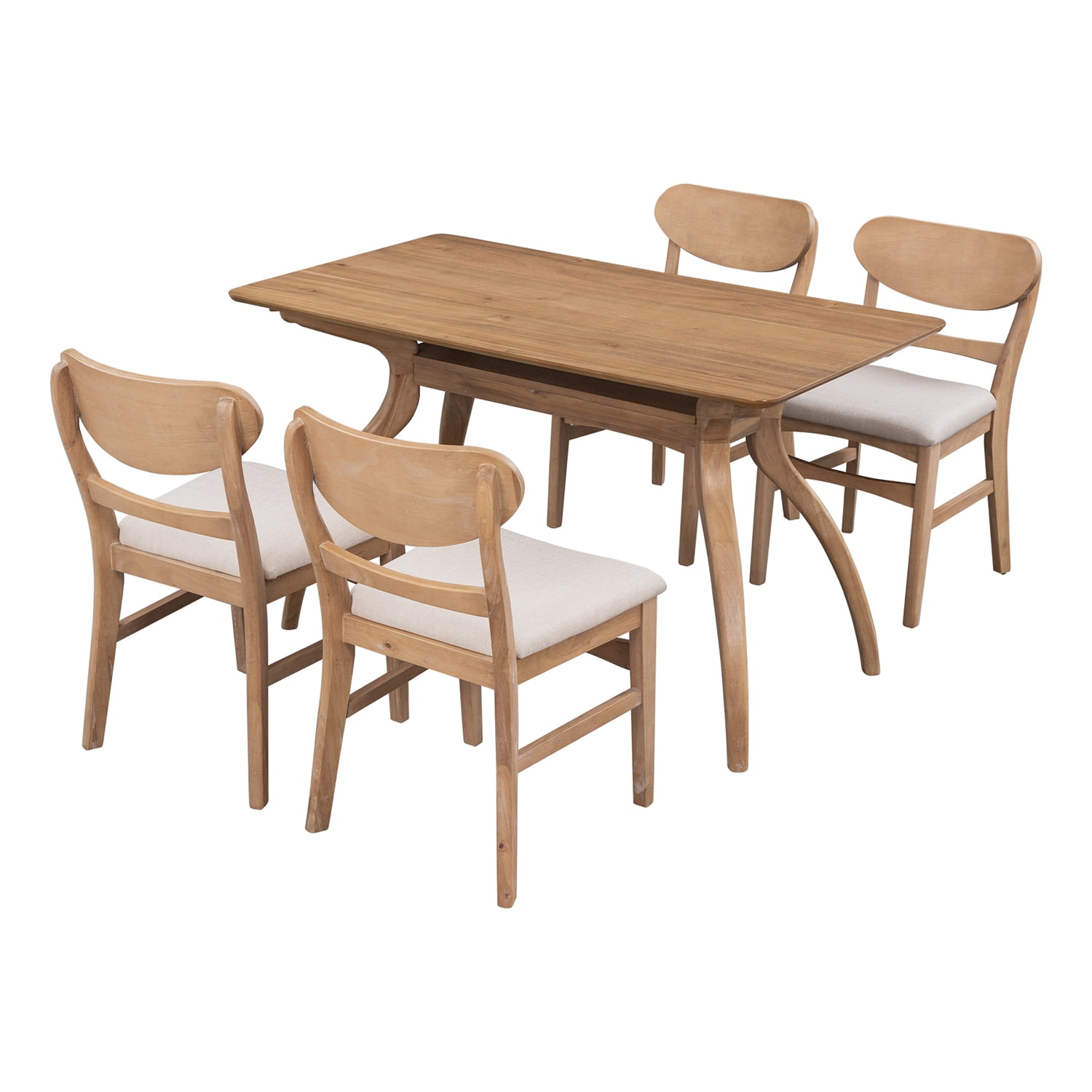 Kadyn 5-Piece Dining Table Set, Solid Wood Dining Set with MDF Board Tabletop and 4 Upholstered Chairs, Kitchen Table and Chairs Set for Dining Room, Natural Wood Wash