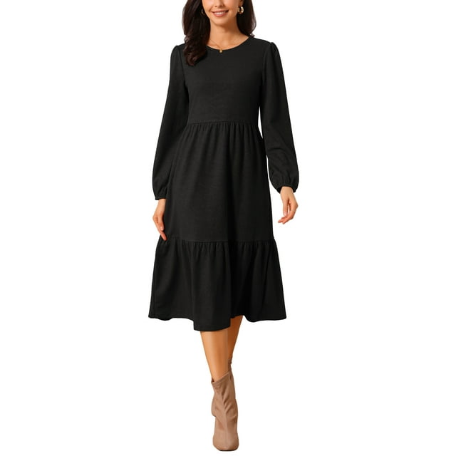 Vestidos de Otoño para Mujeres INSPIRE CHIC de Manga Larga con Cuello Redondo, Vestido Midi A-Line de Punto con Capas y Bolsillos M Negro