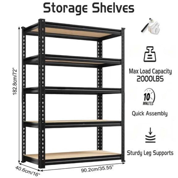 Garage Storage Shelving Units - 5 Tier Metal Shelving, Heavy Duty Racks for Garage Organization, Adjustable Shelves for Basement, Warehouse, Pantry, 72" H x 35.5" W x 15.8" D, 2000lbs Capacity