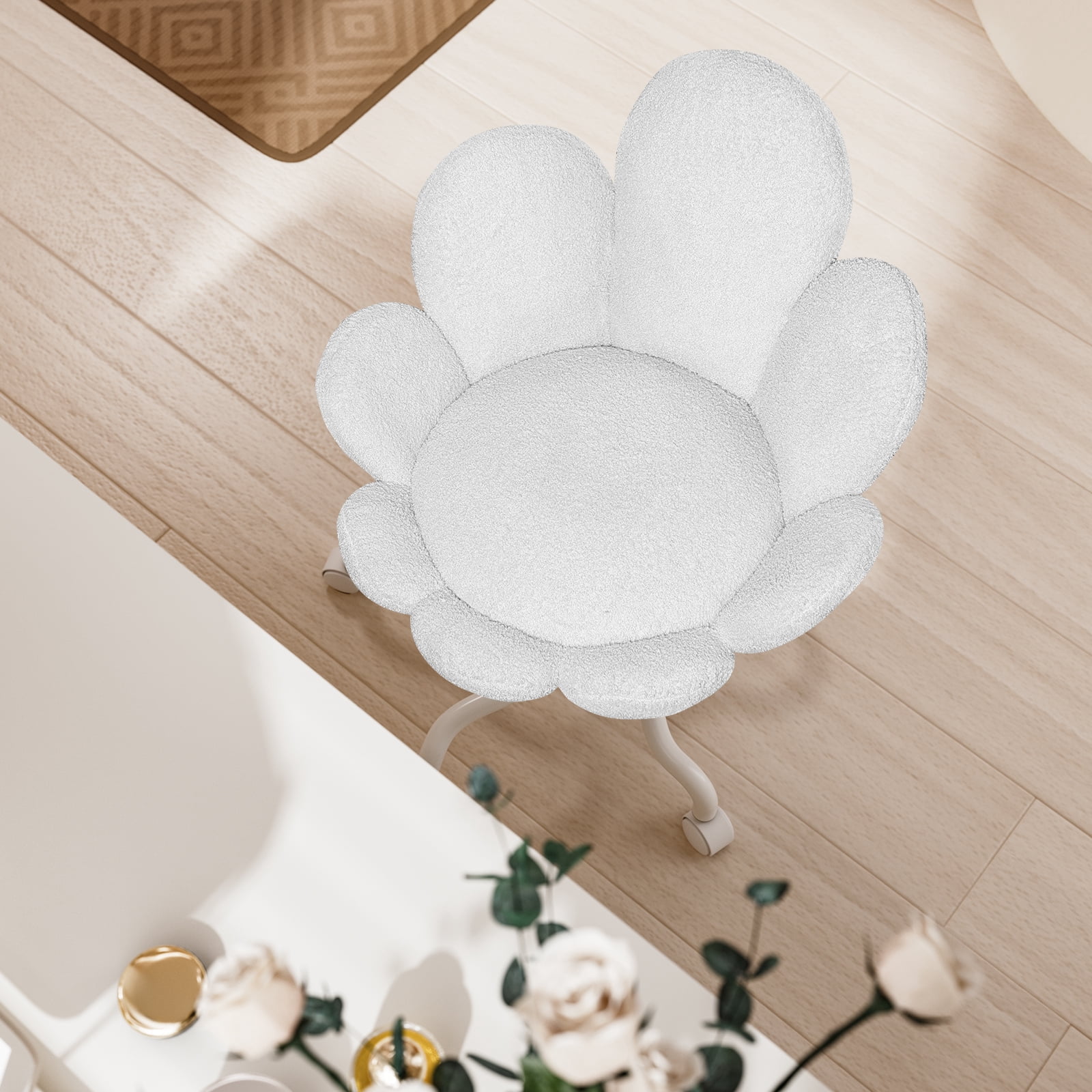 Solfway White Vanity Chair with Wheels and Back, Cute Daisy Flower Comfy Upholstered Fuzzy Vanity Desk Chair for Girls Makeup, Swivel Rolling, and Height Adjustable