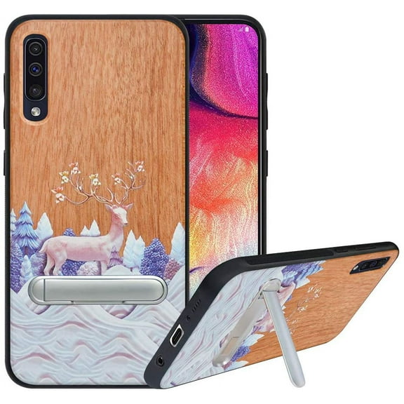 Labanema Samsung Galaxy A70 2019 Case, Samsung Galaxy A70 2019 Cover with Metal Kickstand, Natural Wood TPU Cover, Anti Scratch Case for Samsung Galaxy A70 2019 (Elk)