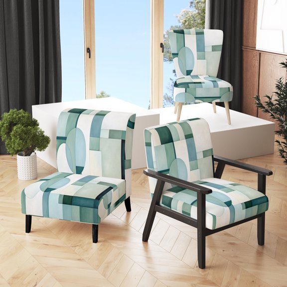 Designart "Abstract Geometric Fusion in Green and Blue I" Green Abstractions Upholstered Accent Chair - Modern Arm Chair For Bedroom