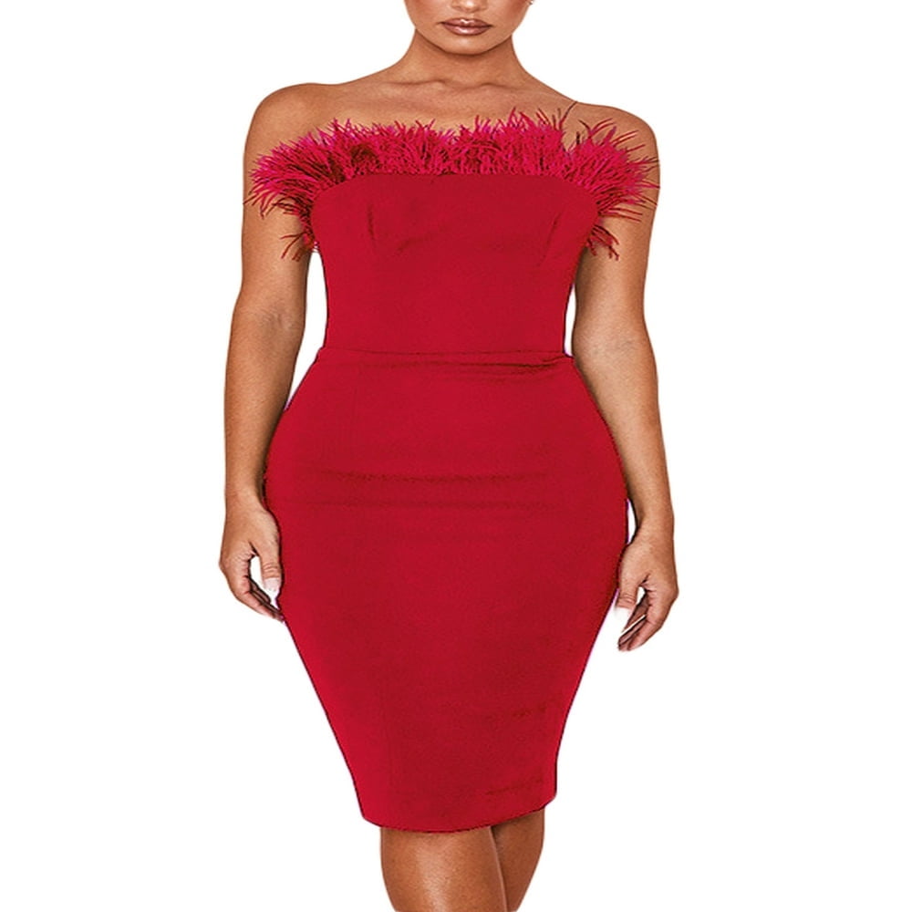 Femmes Robe Moulante Ete hors Epaule Bretelles Sans Manches Plume Garniture Serre Elegant Parti Bal Vetements Rouge L Walmart
