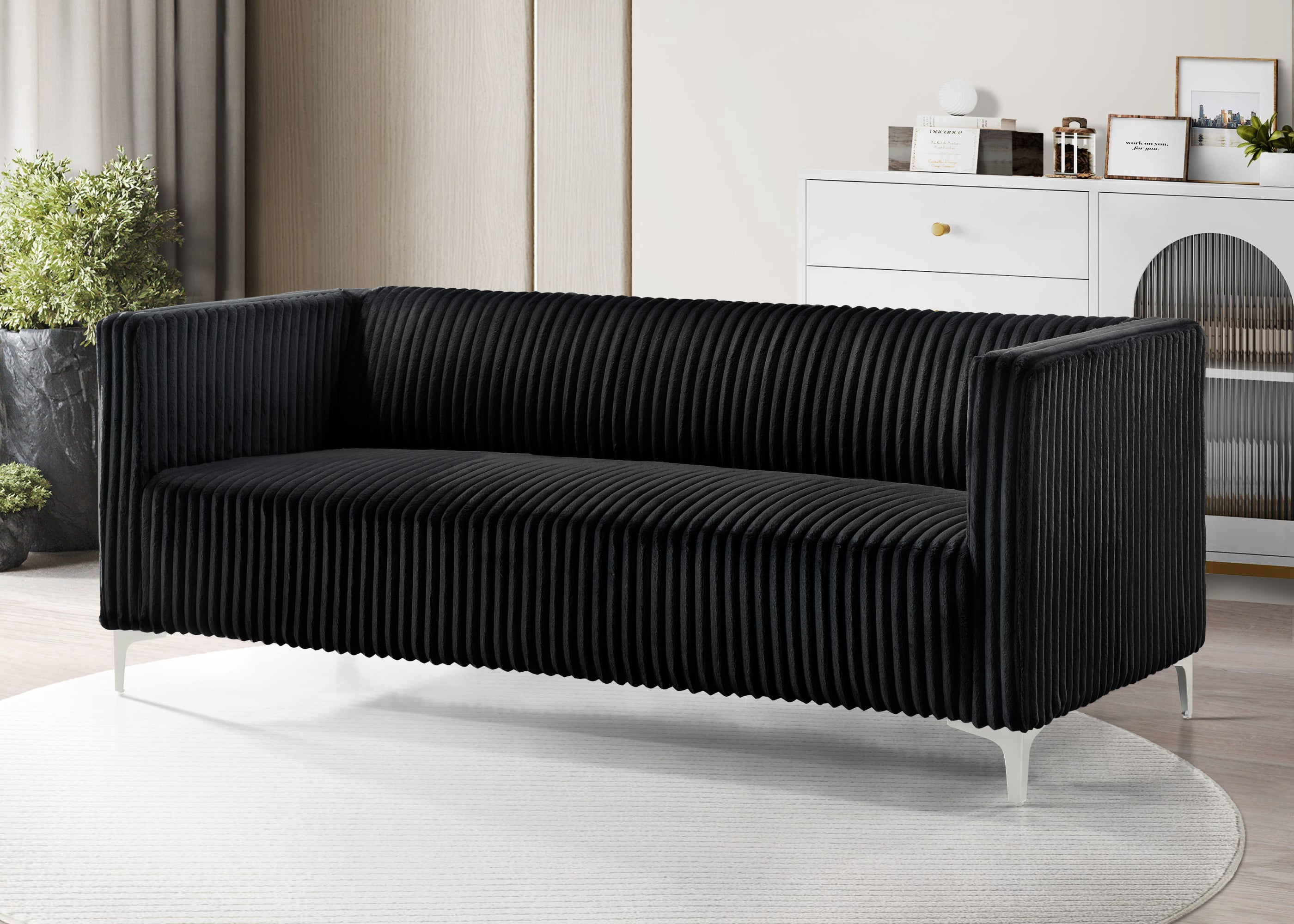 Home Design Gavin Velvet Square Arm Sofa with Plush Cushions and Modern Upholstery, Durable Frame for Living Room, Contemporary Black Design
