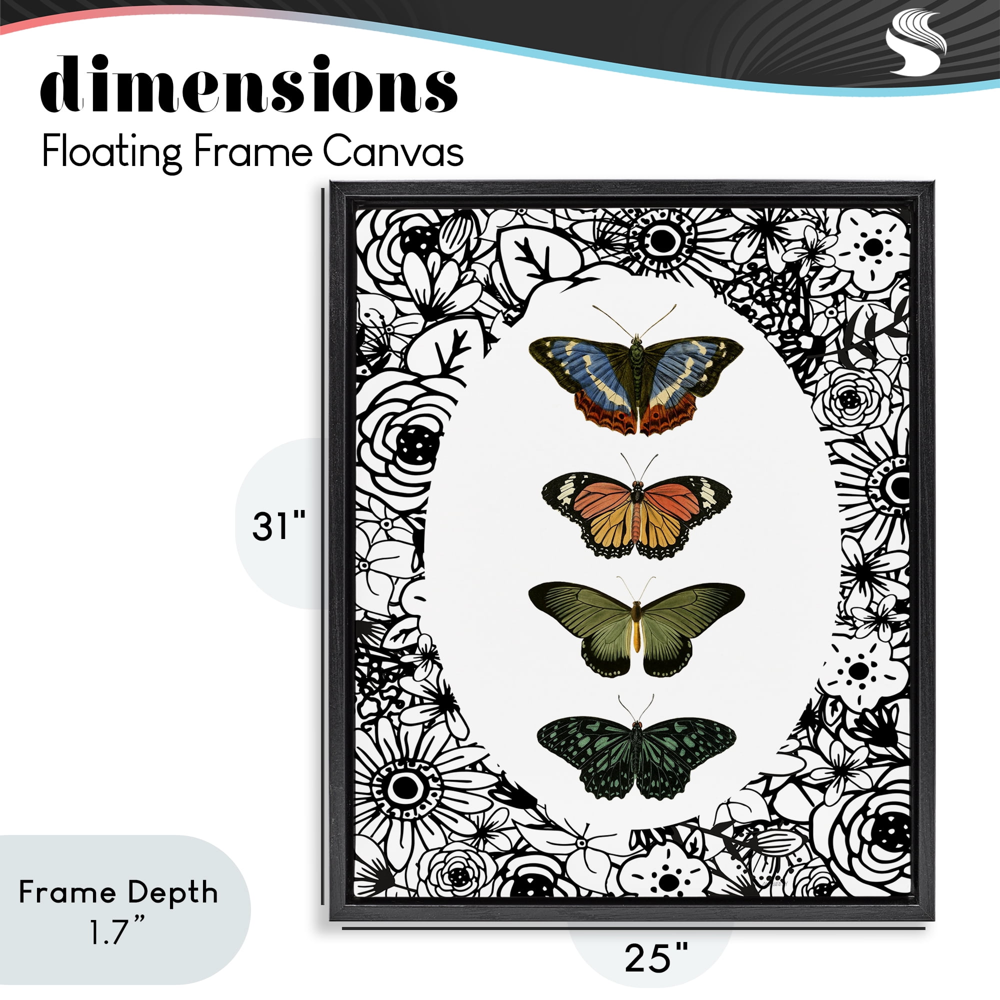 Stupell Industries Floral Border Butterfly Lineup Black Framed Floater Canvas Wall Art, design by Dan Meneely