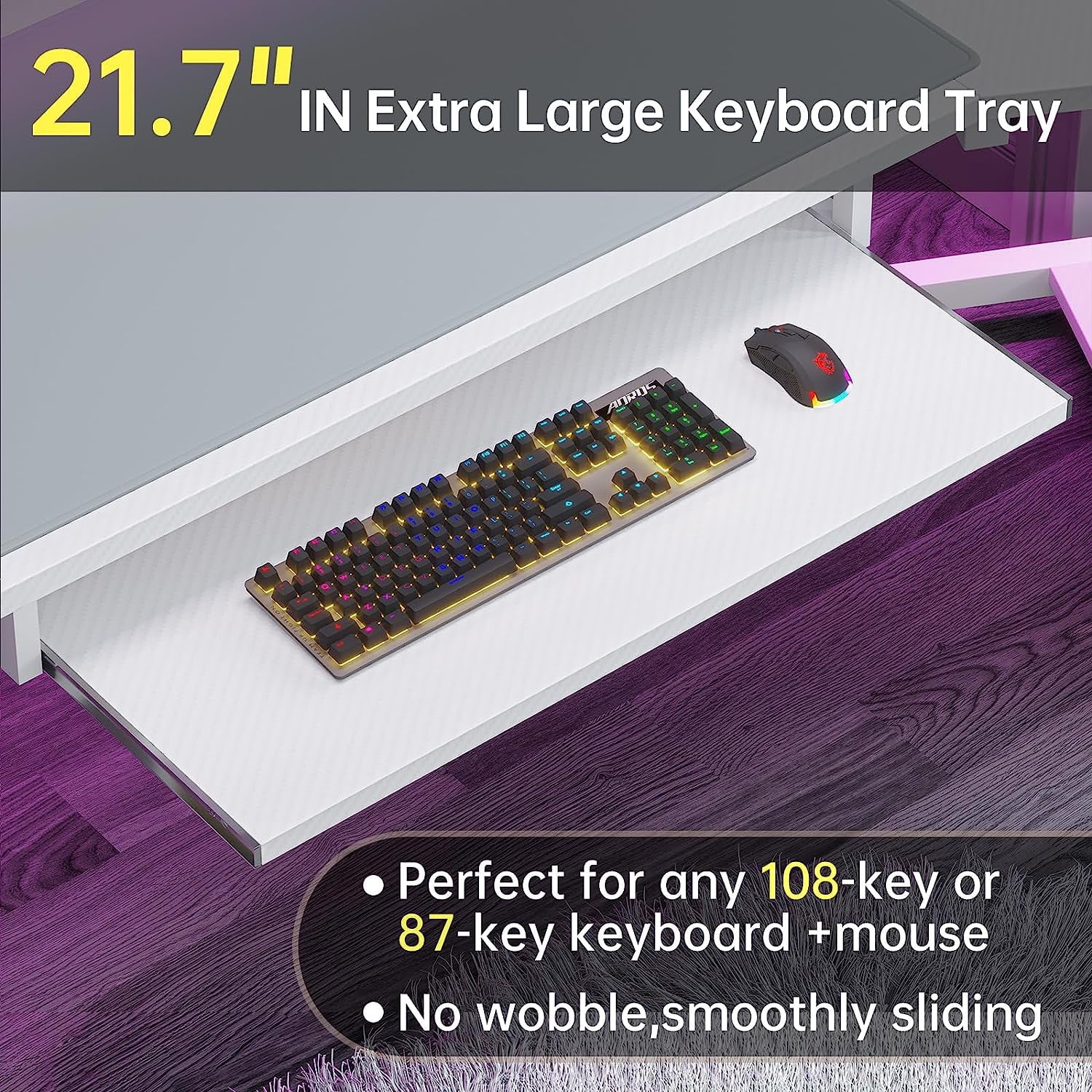 79" Gaming Desk, Computer Desk with 2 Fabric Drawers & LED Light, White Small Desk with Storage for Home Office, Carbon Fiber White