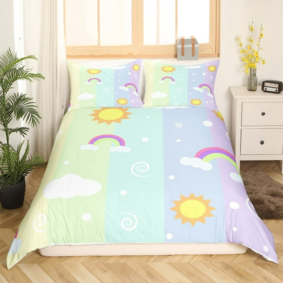 YST Cute Rainbow Duvet Cover for Kids Boys Girls Colorful Rainbow Bedding Sets Full 3pcs Cartoon Sun Cloud Snowflake Decorations Comforter Cover Multicolor Pastel Striped Bedding,Cozy Soft