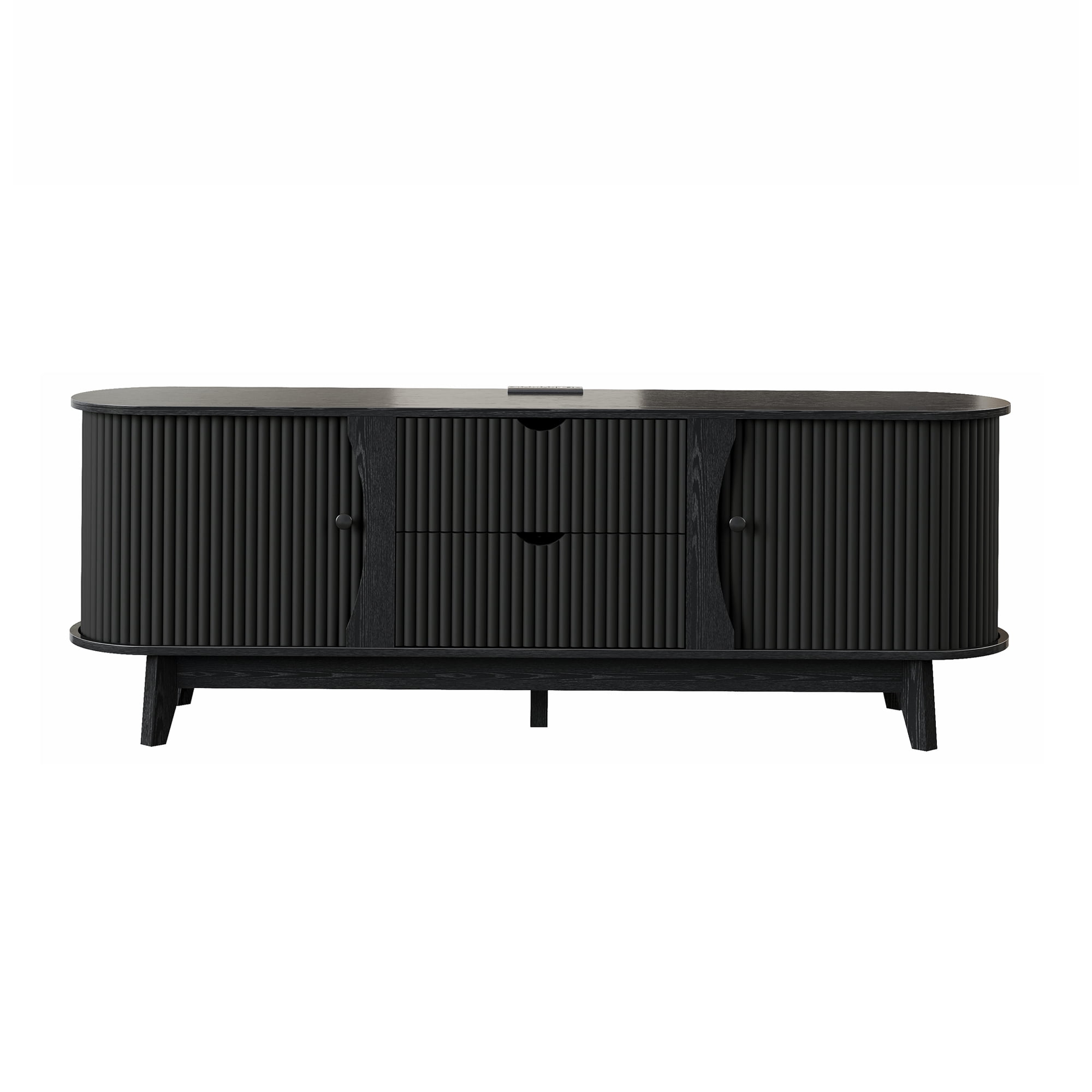 Garvee 63" Fluted TV Stand for TVs Up to 70 Inch, Modern Entertainment Center with Power Outlet, 2 Drawers, Side Cabinets with Adjustable Shelves, Curved Media Console Table for Living Room, Black