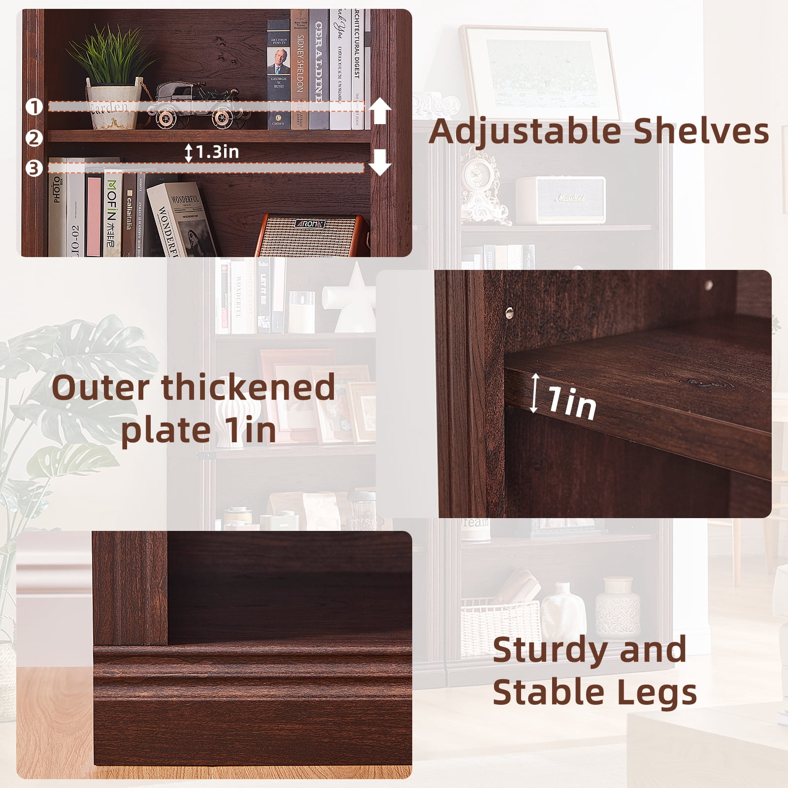 Buildhom 70" Tall Farmhouse Bookshelf, 5-Tier Solid Wood Bookcase with Adjustable Shelves for Living Room & Office, Walnut