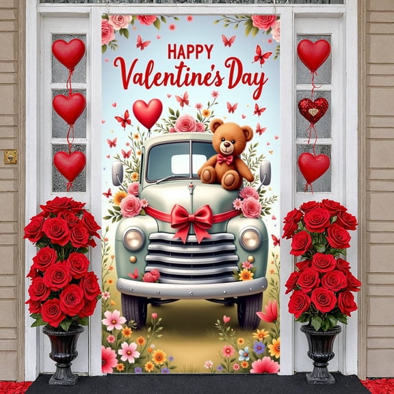 Red Truck Valentine's Day Banner Teddy Bear Love Display Pink Roses Cherry Blossom Romantic Backdrop for Valentine's Day Party Romantic Date Photo Shoot