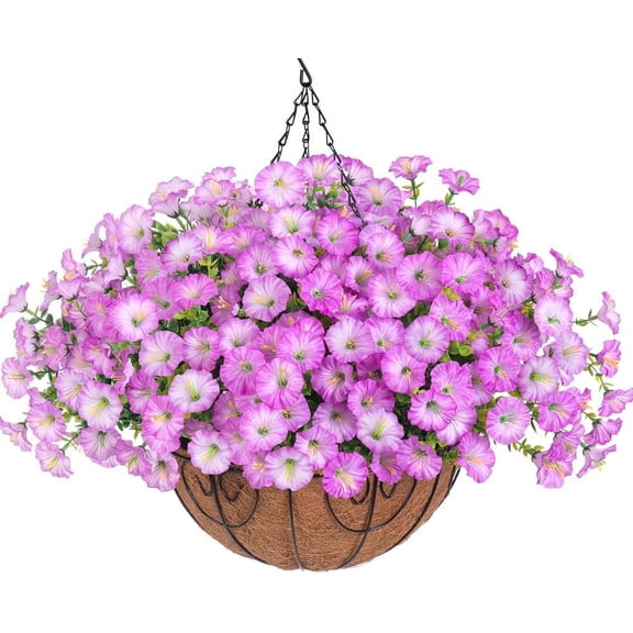 Artificial Fake Hanging Flowers Plants Baskets for Outdoor Outside Summer Decoration, Faux Silk Morning Glory in Planter UV Resistant Realistic for Home Porch Patio Balcony Garden Yard