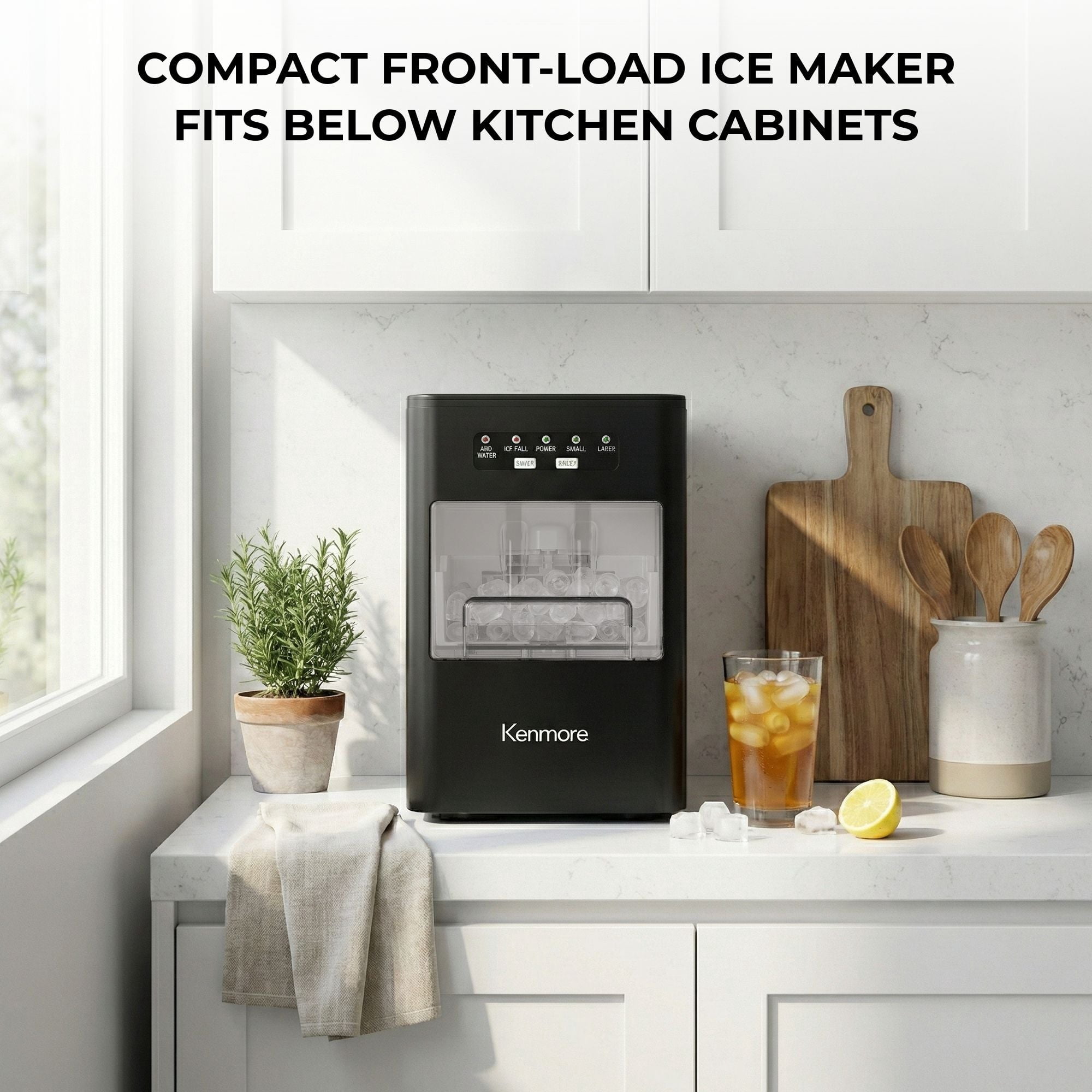 Kenmore Front-Load Countertop Bullet Ice Maker, Portable Ice Machine, 26 lb/Day Ice Cube Maker, Compact Self-Cleaning Ice Maker with Basket and Scoop for Home, Kitchen or RV