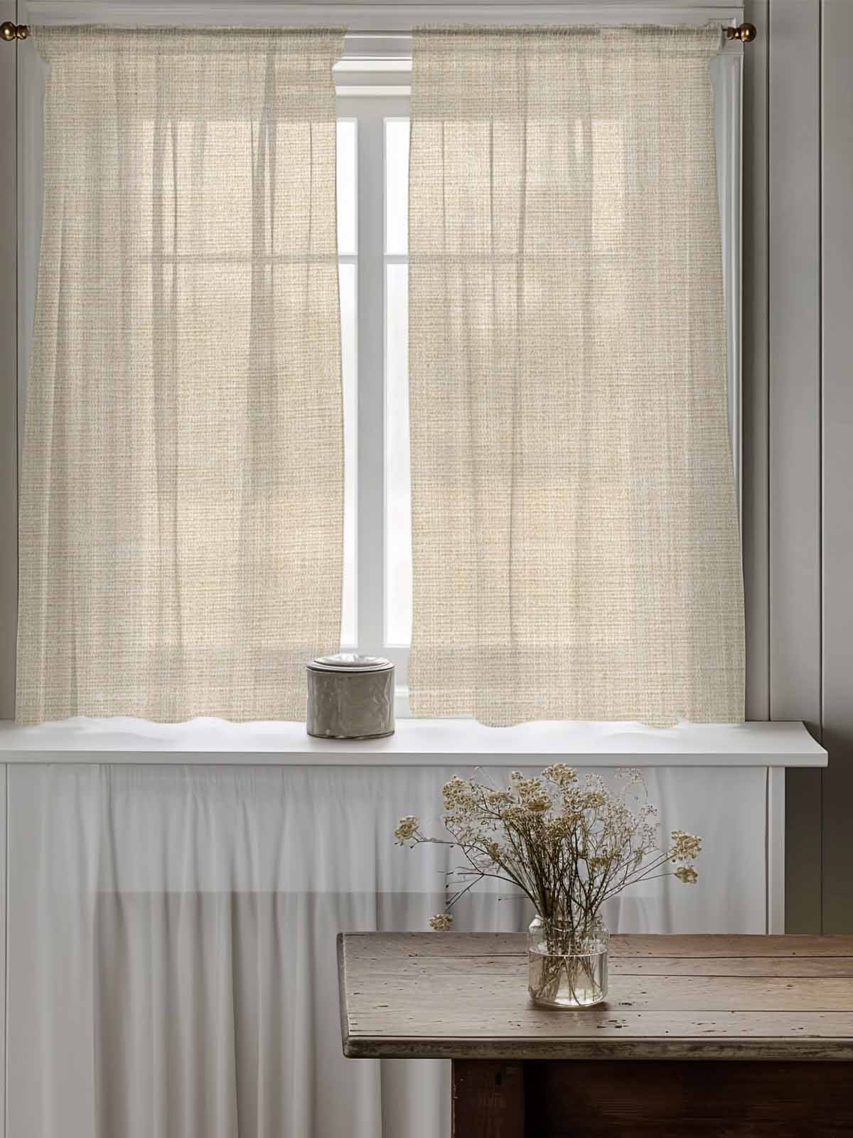 Vintage Cream Curtains 45 Inch Length, Sheer Curtains for Bedroom Living Room Window Farmhouse Retro Beige Solid Color Rod Pocket Voile Drapes Kitchen Curtains Small Half Window 52"x45" 2 Panels