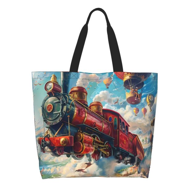 Disketp Beautiful Red Train Hot Air Balloon Bolsa Tote Estampada para Mujer, Bolso de Hombro y de Mano para Compras y Viajes