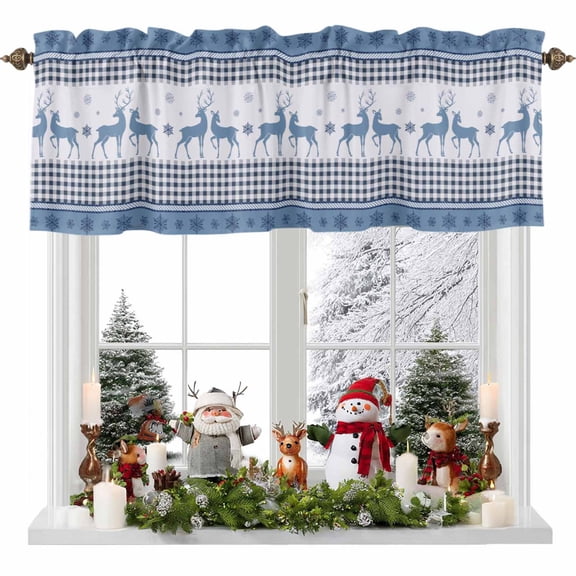 Christmas Xmas Valances for Windows, 54 x 18in, Deer Snowflakes Buffalo Plaid Blue Rod Pocket Kitchen Valance Curtain Light Filtering Window Treatments for Living Room Bedroom, 1 Panel