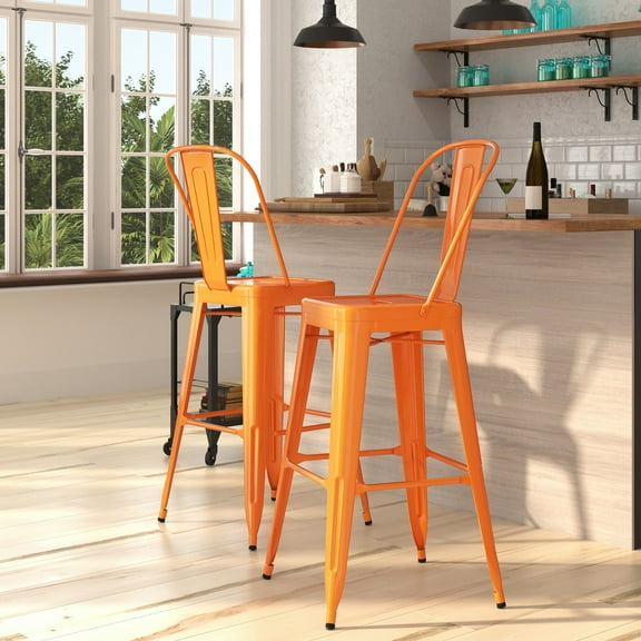 Merrick Lane Orange 30" High Metal Bar Height Stool with Removable Back for Indoor-Outdoor Use