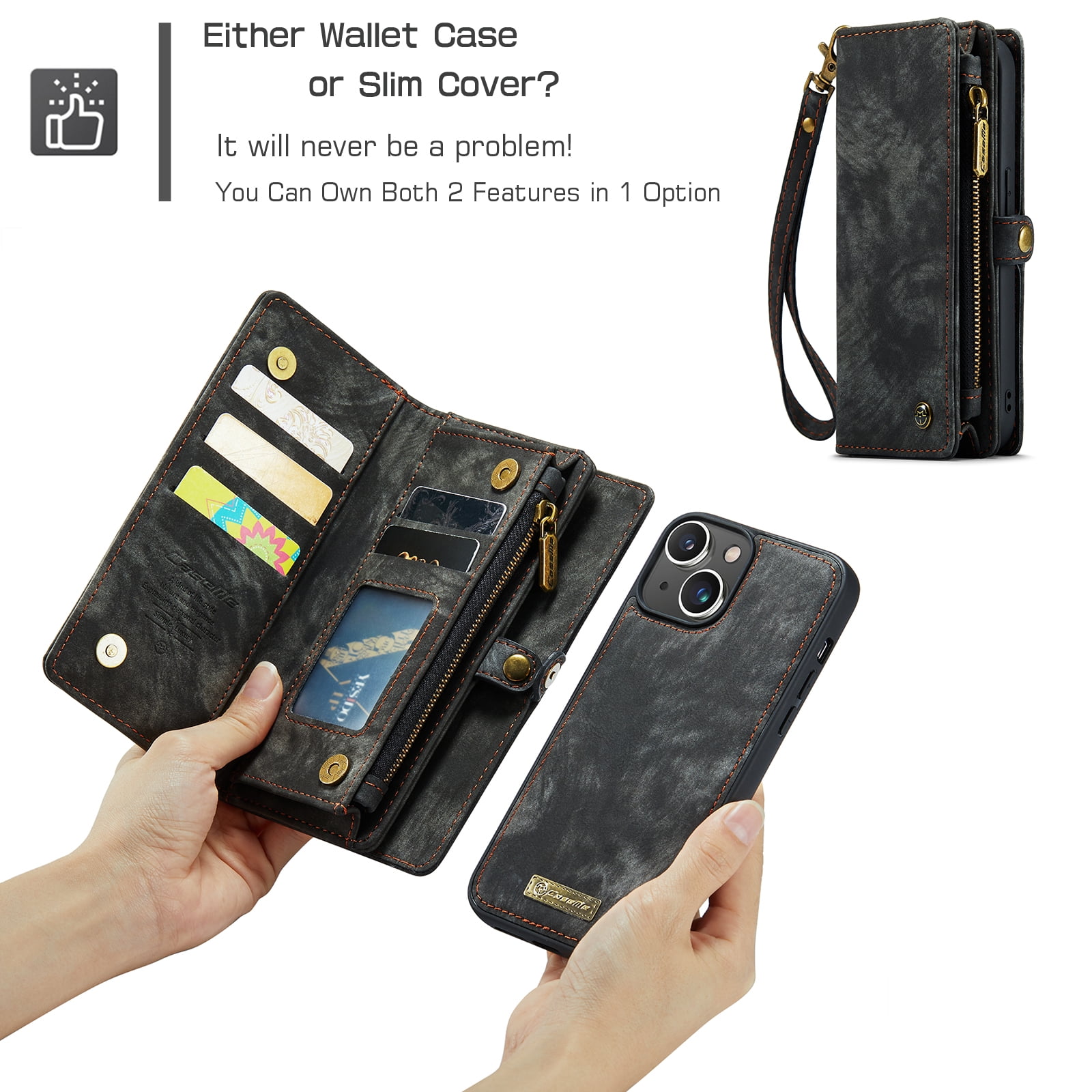 Feishell Durable 2-In-1 Magnetic Detachable Wallet Case for iPhone 13,for Women Men,Premium PU Leather Zipper Pocket Flip Multi Card Slots Purse Phone Case with Wrist Strap,Black