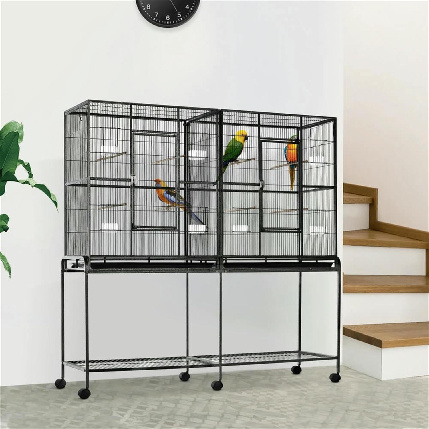 resenkos 64" Height Heavy Duty Travel Bird Cage Carrier with Rolling Stand, Wood Perch & Food Container for Parrots Conures Lovebird Cockatiel Parakeets, Black