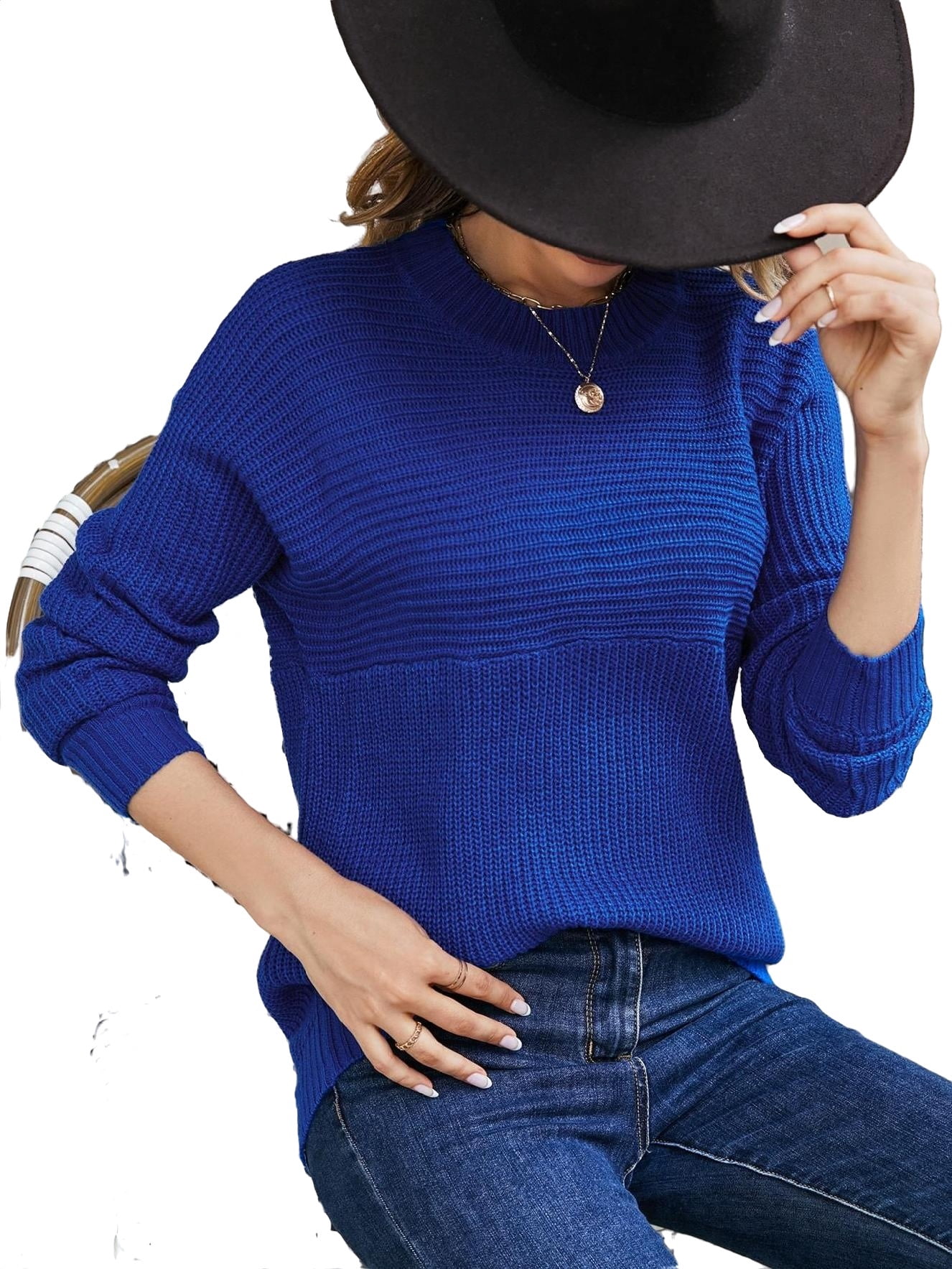 Round Neck Pullovers Long Sleeve Royal Blue Casual Plain Blue Women's