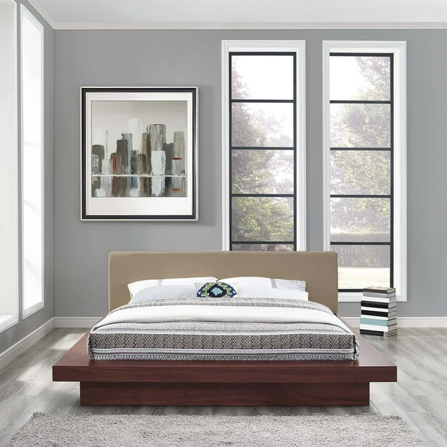 Modway Freja Queen Fabric Platform Bed in Walnut Latte
