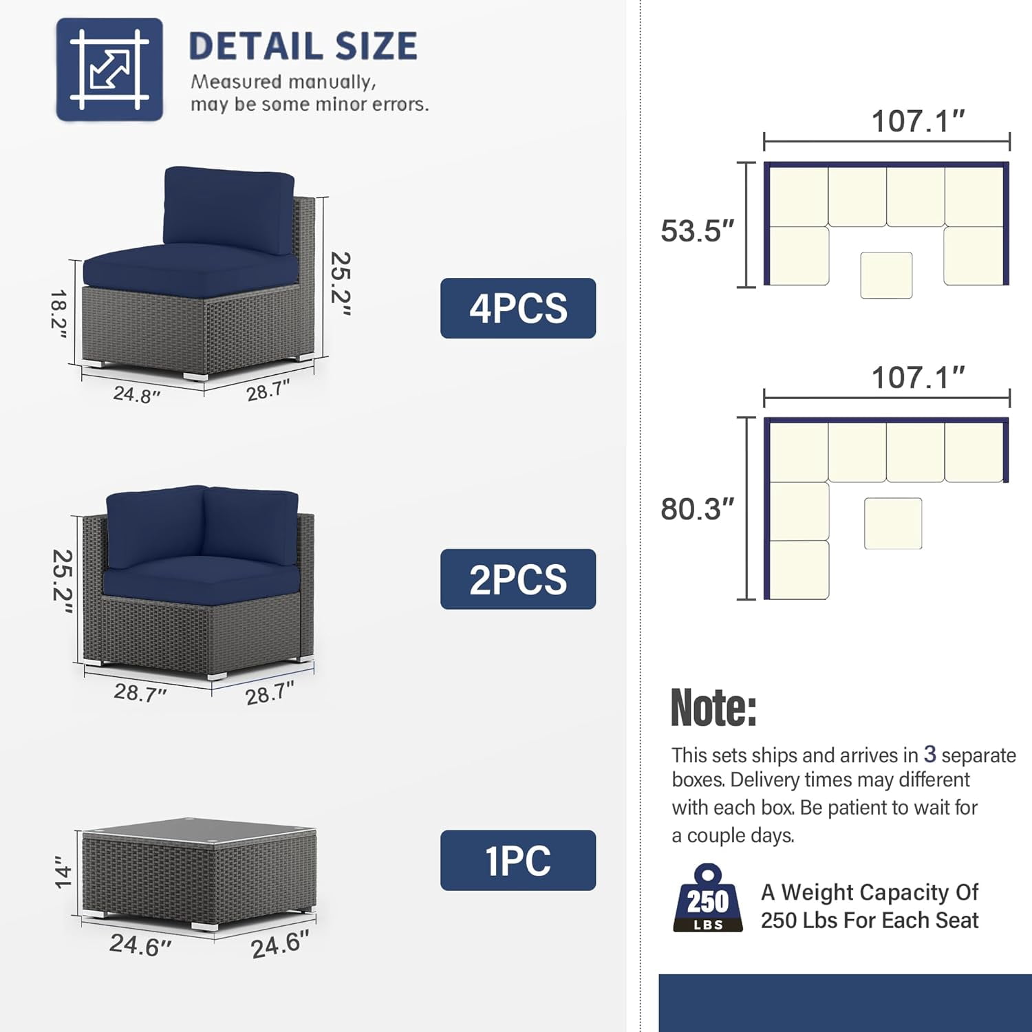 SUNCROWN 7-Piece Outdoor Patio Furniture Sofa Set All-Weather Black Wicker Sectional Cushioned Washable Seat Conversation Set with Modern Glass Coffee Table and Cushions (Dark Blue)