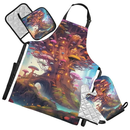 Mushroom Tree and Forest 5 Pcs Kitchen Set Heat Resistant Oven Mitts and Non-Slip Pot Holders with Adjustable Cooking Apron