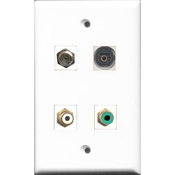 RiteAV 1 Port RCA White and 1 Port RCA Green and 1 Port Coax Cable TV- F-Type and 1 Port Toslink Wall Plate