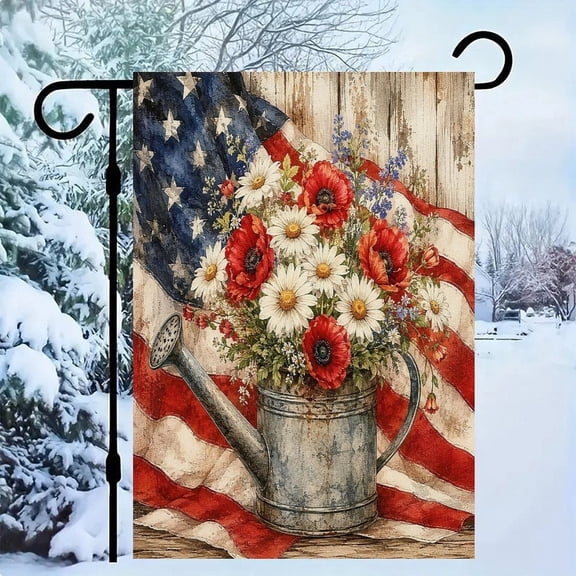 RKSupls Patriotic Linen Double Sided Garden Flag, Independence Day Themed Yard Decor, Floral Basket American Flag Outdoor Banner for Holiday Lawn