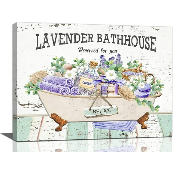 Farmhouse Bathroom Wall Art Purple Lavender Bathroom Wall Decor Canvas Pictures Paintings Country Decor Framed Artwork for Bathhouse Ready to Hang 12"x16"