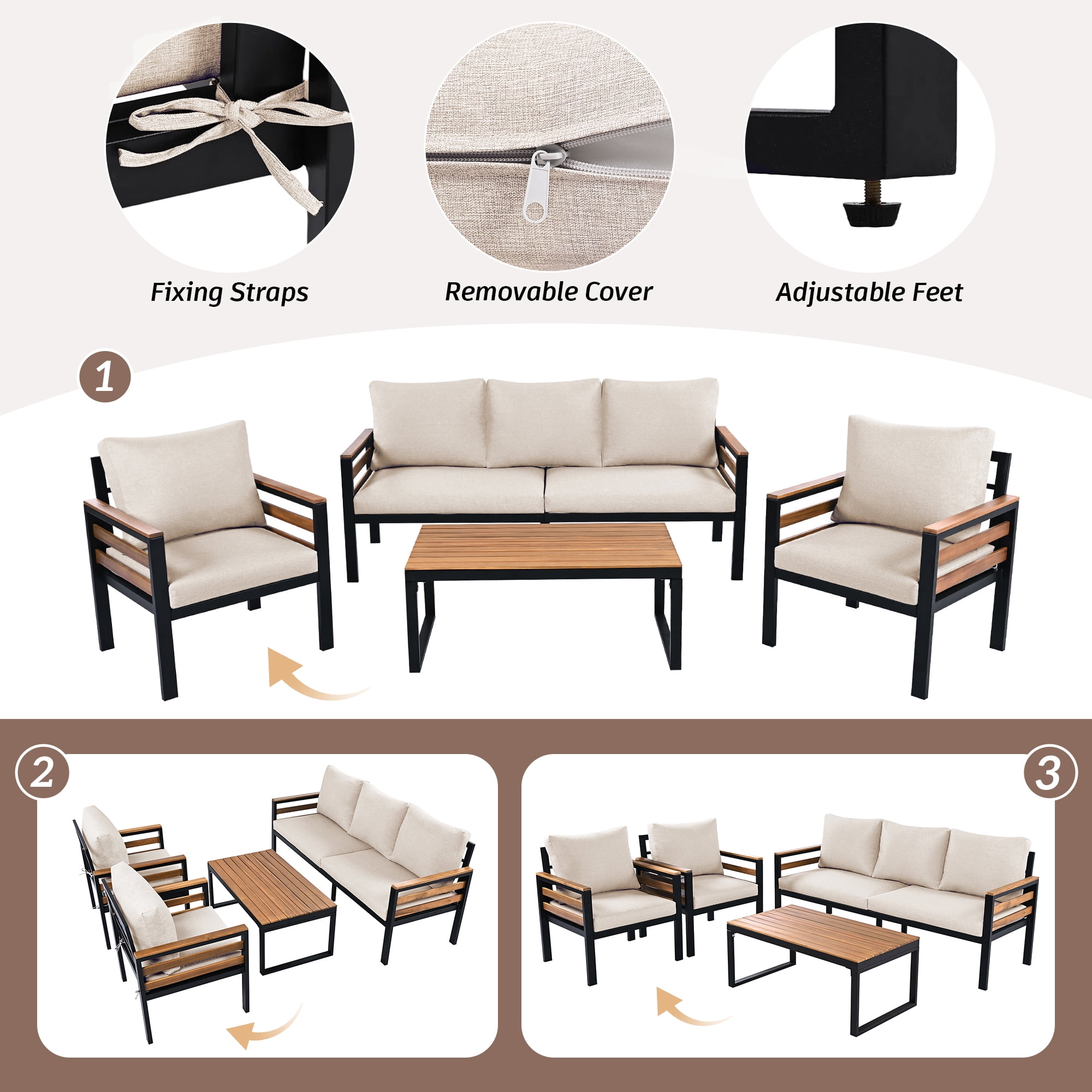 Leumius 4 Pieces Patio Furniture Set,Outdoor Patio Conversation Set with Removable Cushion and Solid Wood Coffee Table for Poolside, Backyard,Garden,Beige
