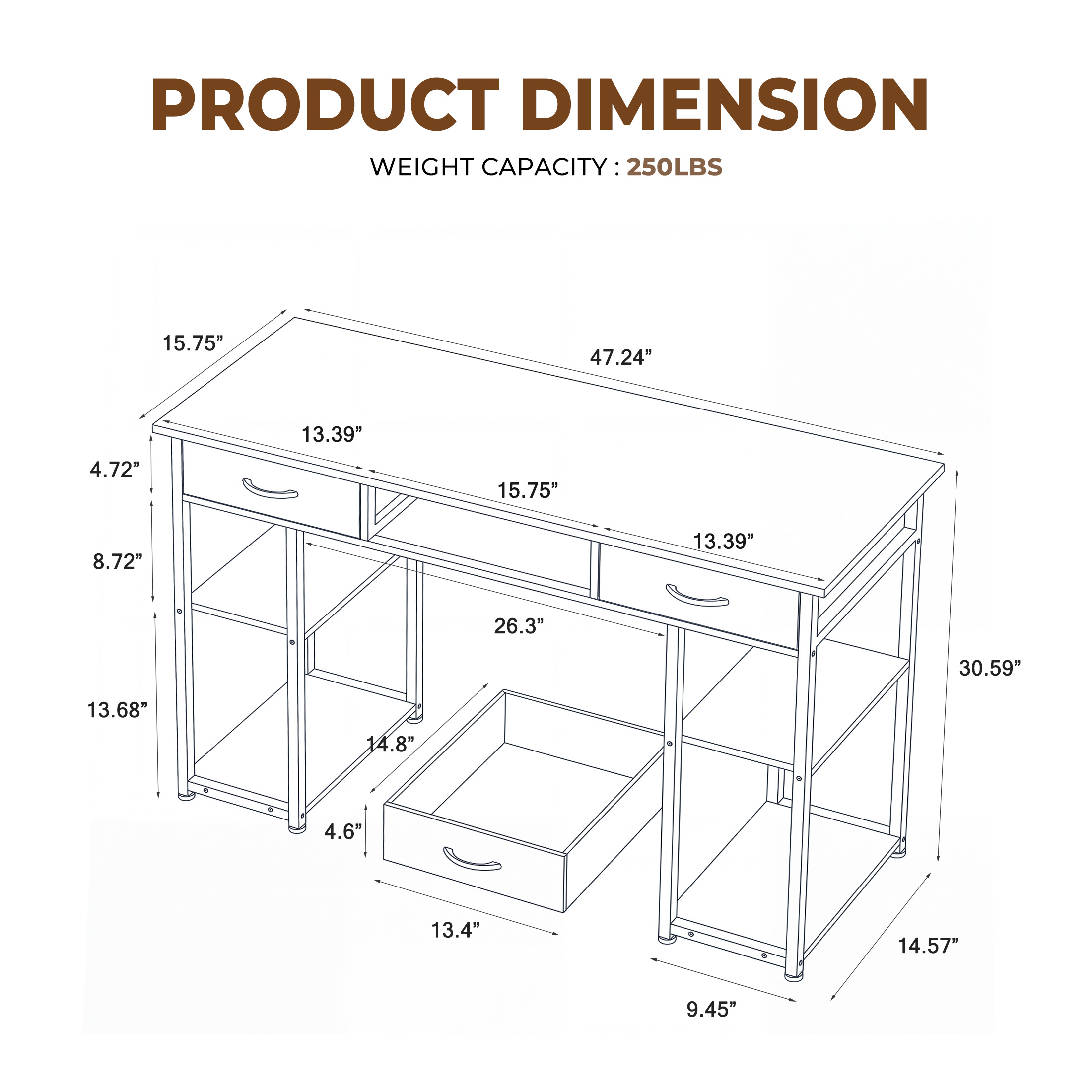 edx 48 Inch Office Desk with Drawers and Storage Shelves, Black photo 3